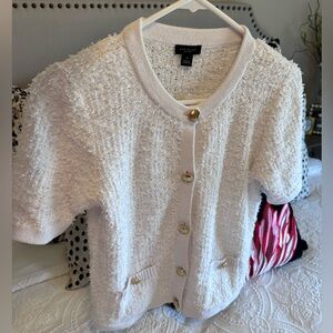 NWT Ann Taylor Factory White Knit Short Sleeve Cardigan Gold button Size XS